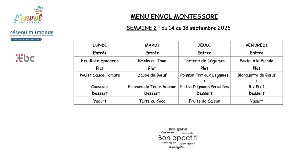 Menu du 14 au 18 septembre 2026
