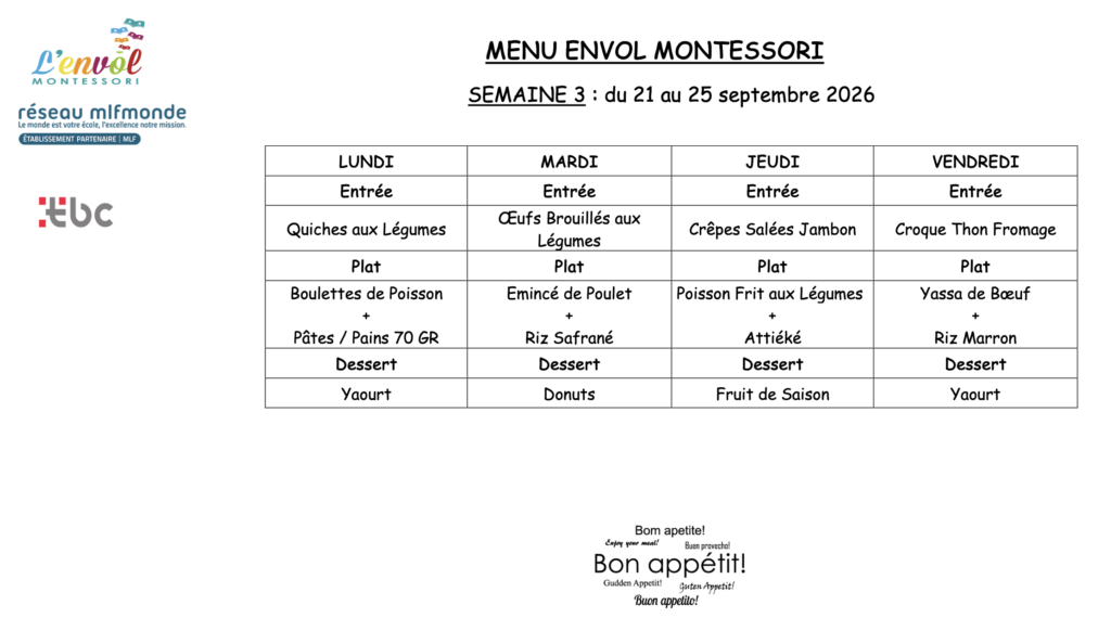 Menu du 21 au 25 septembre 2026